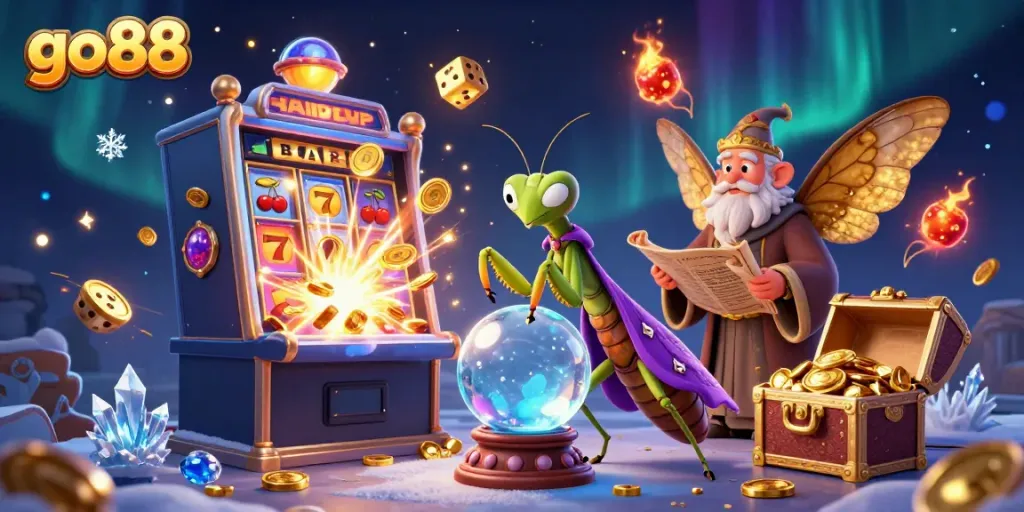 Experience the thrill of go88 with vibrant casino games and fantastical characters in a dynamic digital illustration.
