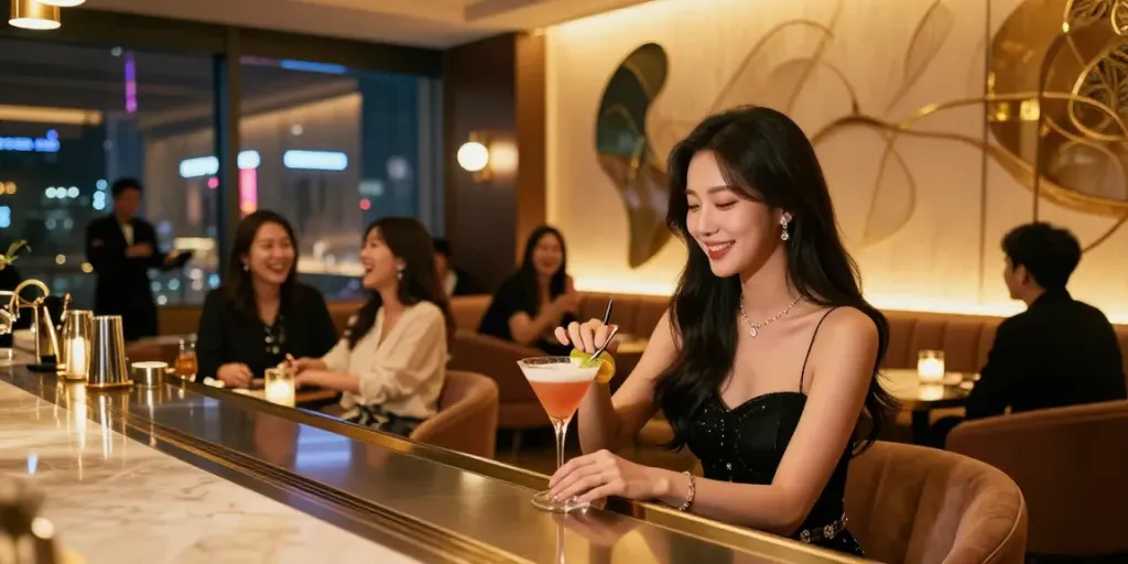강남세이렌 쩜오에서 칵테일을 즐기는 여성의 세련된 모습과 고급스러운 인테리어.