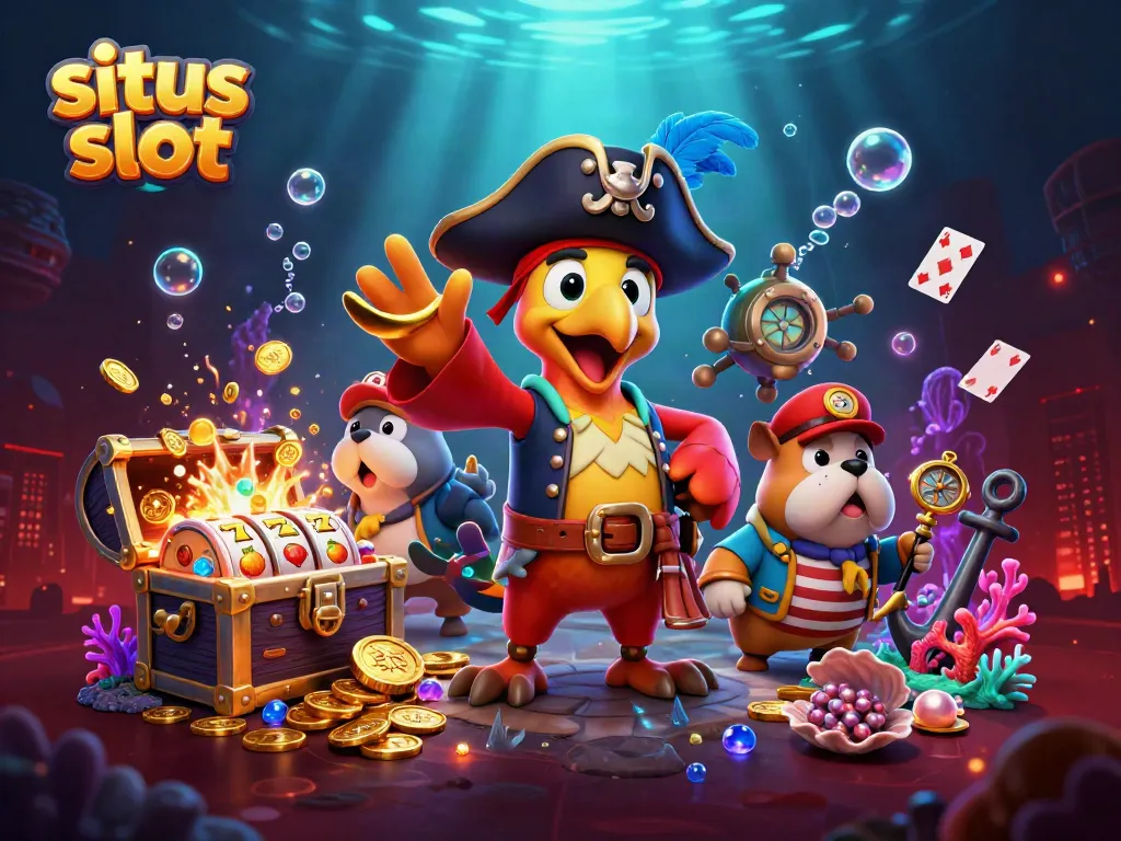 Experience the excitement of situs slot with lively characters amidst vibrant treasure and gaming elements.