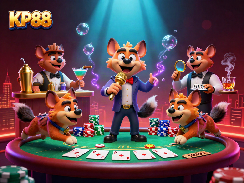 Engage with KP88's thrilling casino nightlife as hyenas showcase comedy and drinks in an enchanting scene.