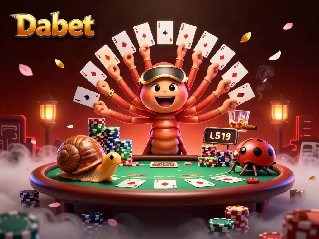 Dabet showcases a vibrant 3D casino scene with a millipede dealer and lively characters enthusiastically engaging at a poker table.