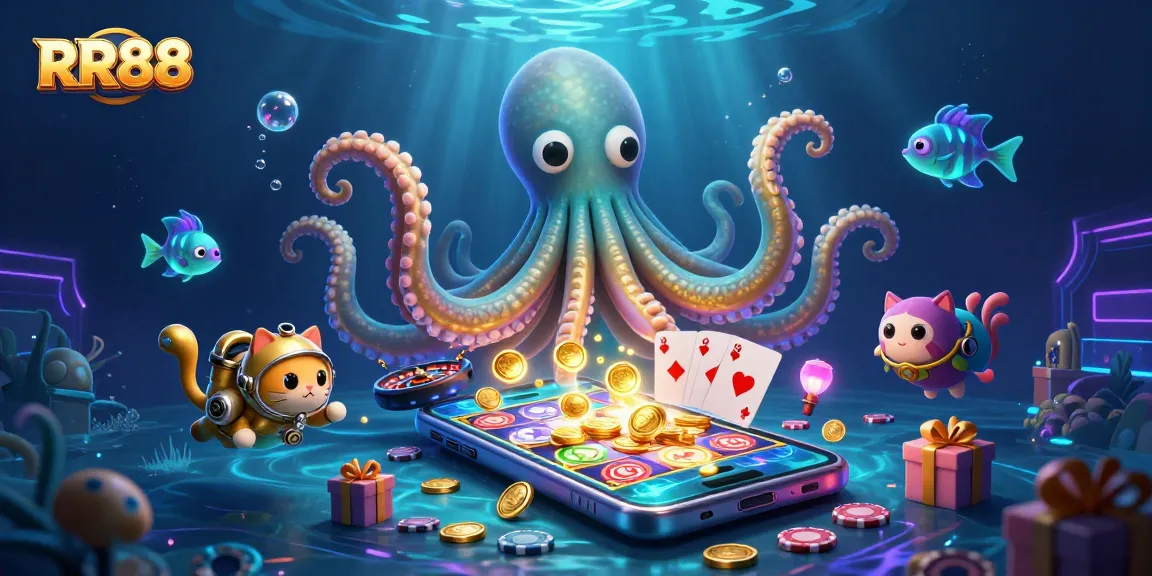 Experience RR88's underwater treasure adventure with vibrant 3D characters and gaming elements!