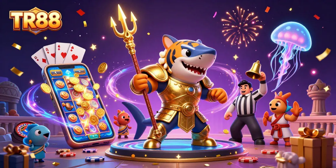 Experience the thrilling world of TR88 with a dynamic underwater casino scene featuring a gladiator tiger shark.