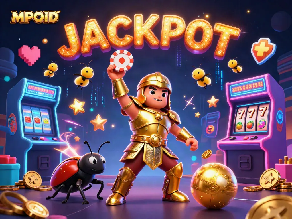 MPOID logo featuring a cartoon beetle celebrating a jackpot win surrounded by casino game elements.