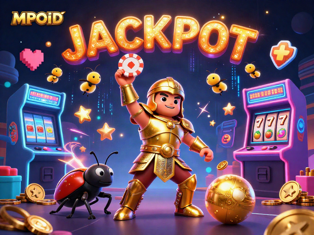 MPOID logo featuring a cartoon beetle celebrating a jackpot win surrounded by casino game elements.