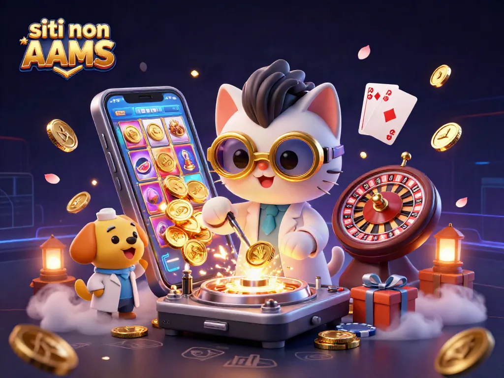Giocare nei siti non AAMS con slot e promozioni esclusive, circondato da elementi da casinò e atmosfera vivace.