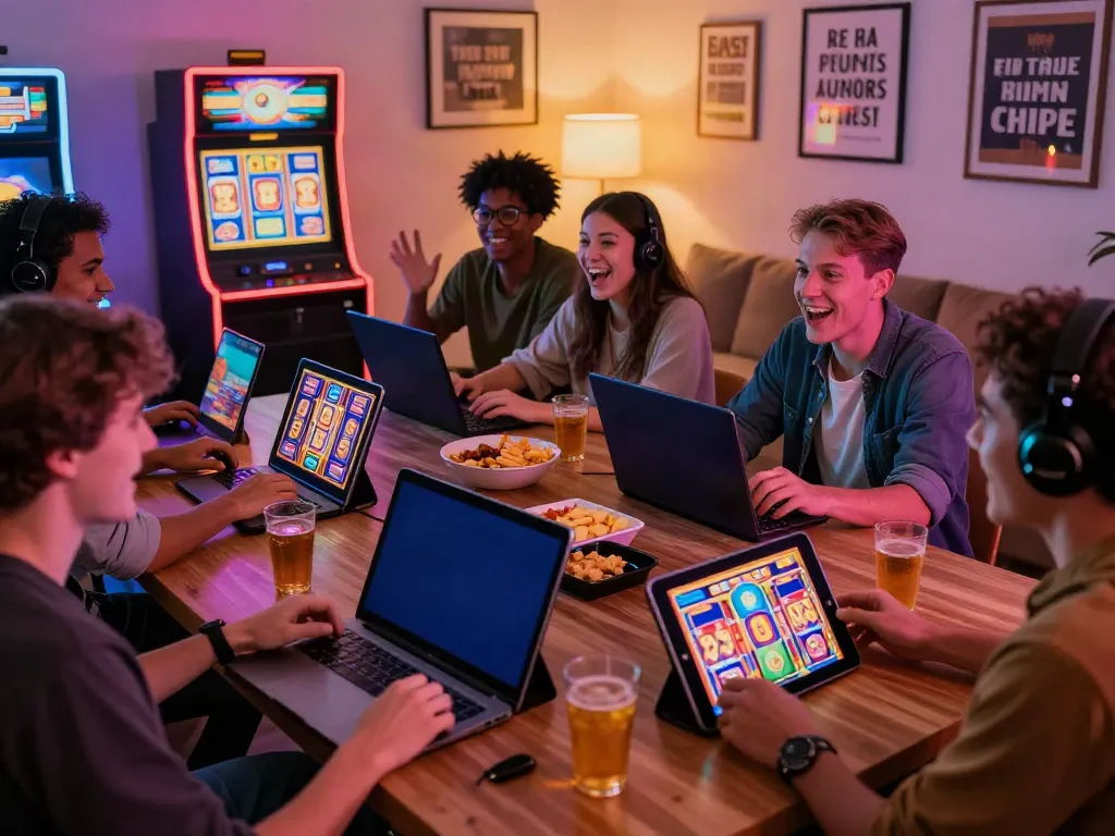 Engaged friends enjoying diverse slot games online at https://da88z.net/ in a cozy living room setting.