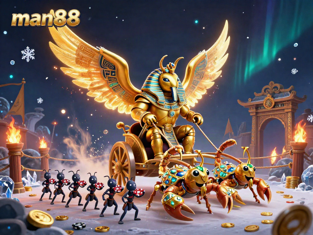 Experience man88's thrilling casino adventure featuring a golden scarab beetle and dynamic betting elements.