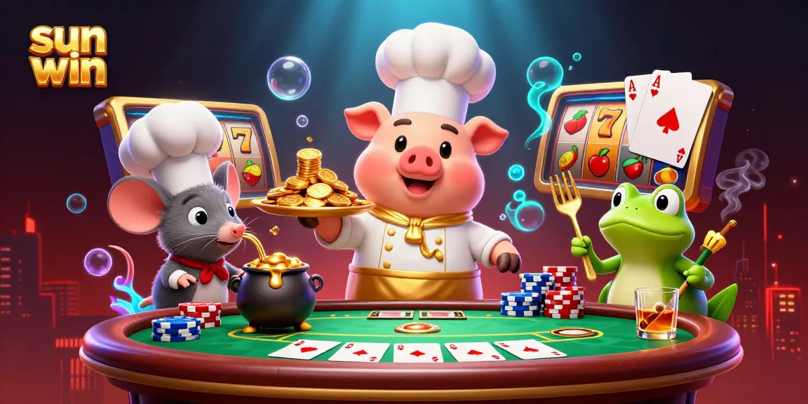Win big with Sun Win as a chef pig serves golden coins among vibrant casino elements.