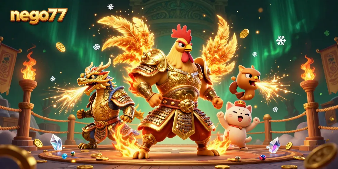 Engage with nego77's immersive platform featuring a powerful rooster warrior and dragon hatchling in a vibrant casino setting.