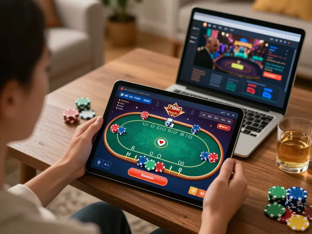 Engaging poker game on a tablet screen in a cozy setting, highlighting rokok 88's online gambling experience.