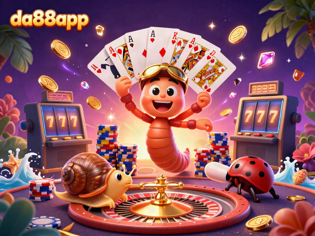 Experience the thrill at da88app with a lively 3D casino scene featuring vibrant characters and games.