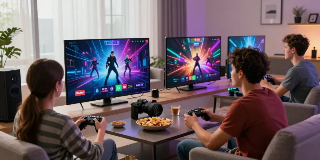 Engaging friends playing games on Hitclub at home, showcasing excitement and connection.