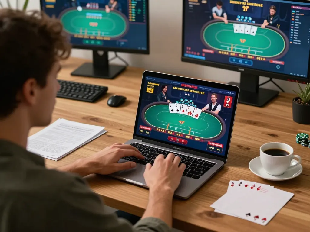 Online gaming strategy revealed as cm88seo player concentrates on live poker session.