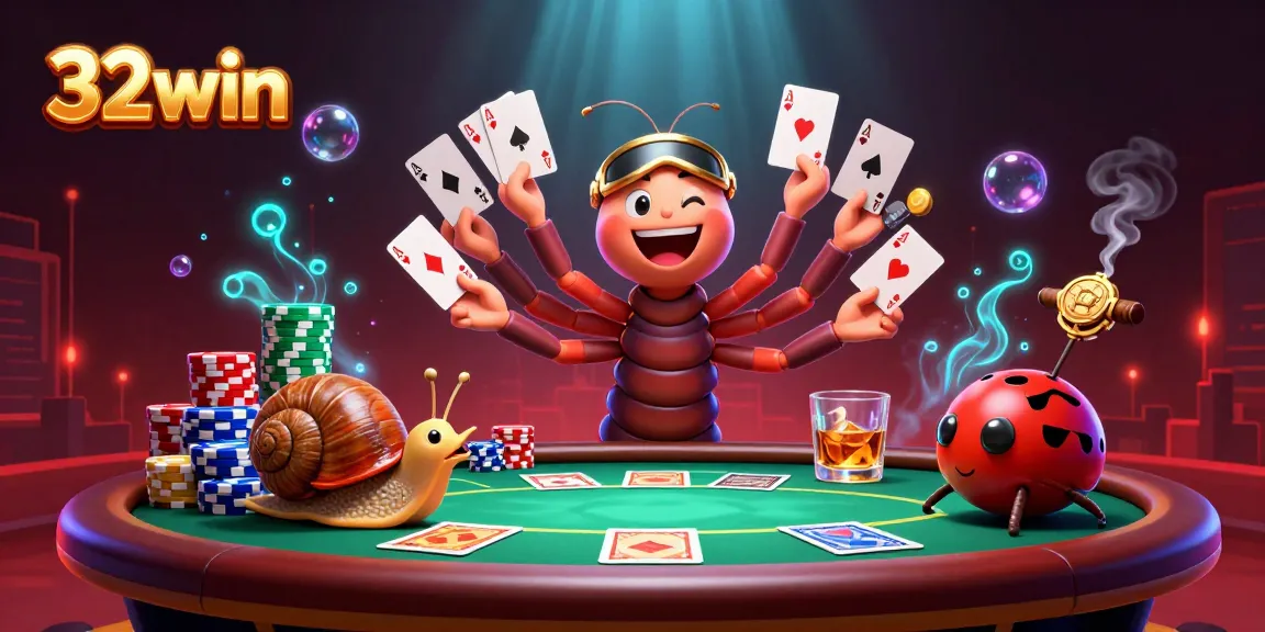 Experience thrilling action at 32win with a cartoon dealer fanning cards and high-rollers pushing chips at a vibrant poker table.