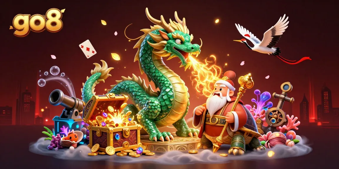 Experience the thrill of go8 with vibrant casino elements, featuring a jade dragon and lucky cranes.