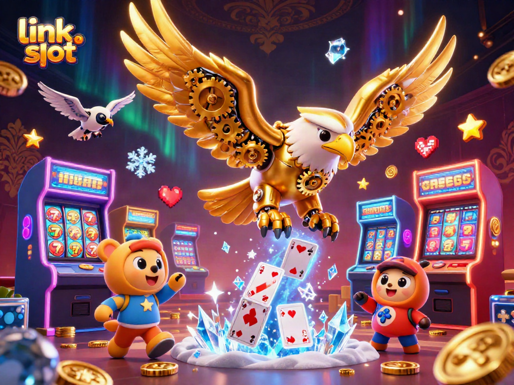 Spin and win with link slot as a golden eagle dives through holographic cards in a vibrant casino.
