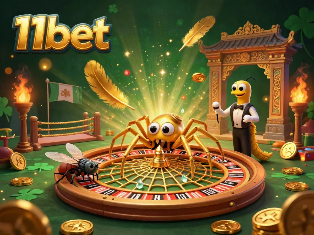 Experience thrilling gameplay at 11bet with a golden spider spinning a roulette wheel and dynamic casino elements.