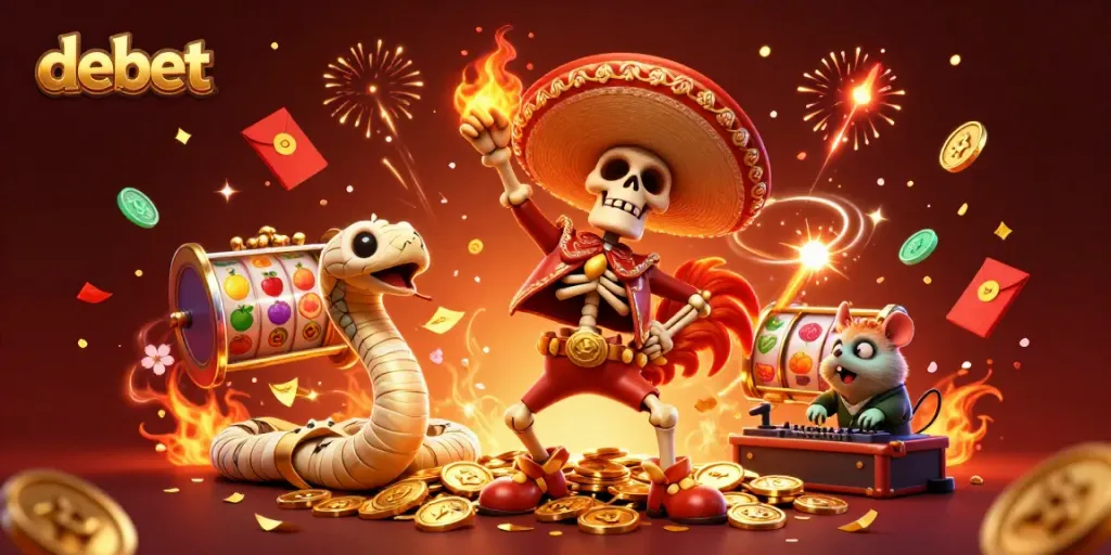 Experience the thrill of debet's casino with vibrant characters and festive elements celebrating big wins.