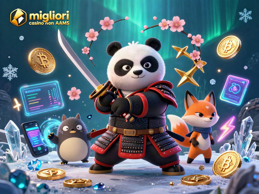 Scopri i migliori casino non AAMS con il panda samurai e il ninja, tra simboli di gioco e bonus scintillanti.