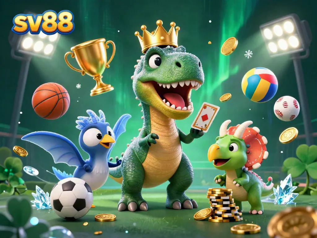 Experience thrilling sv88 action as a T-Rex shuffles cards while a baby triceratops stacks chips in a vibrant casino.