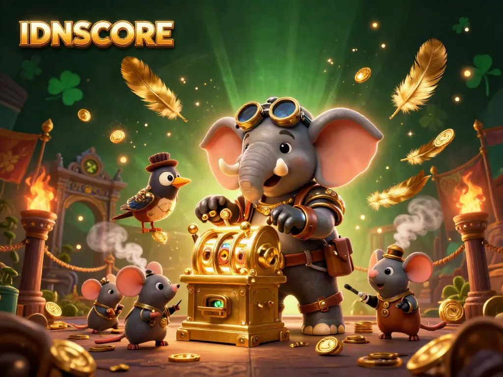 Experience the thrill of IDNSCORE with a vibrant steampunk casino scene filled with golden slot machine action.