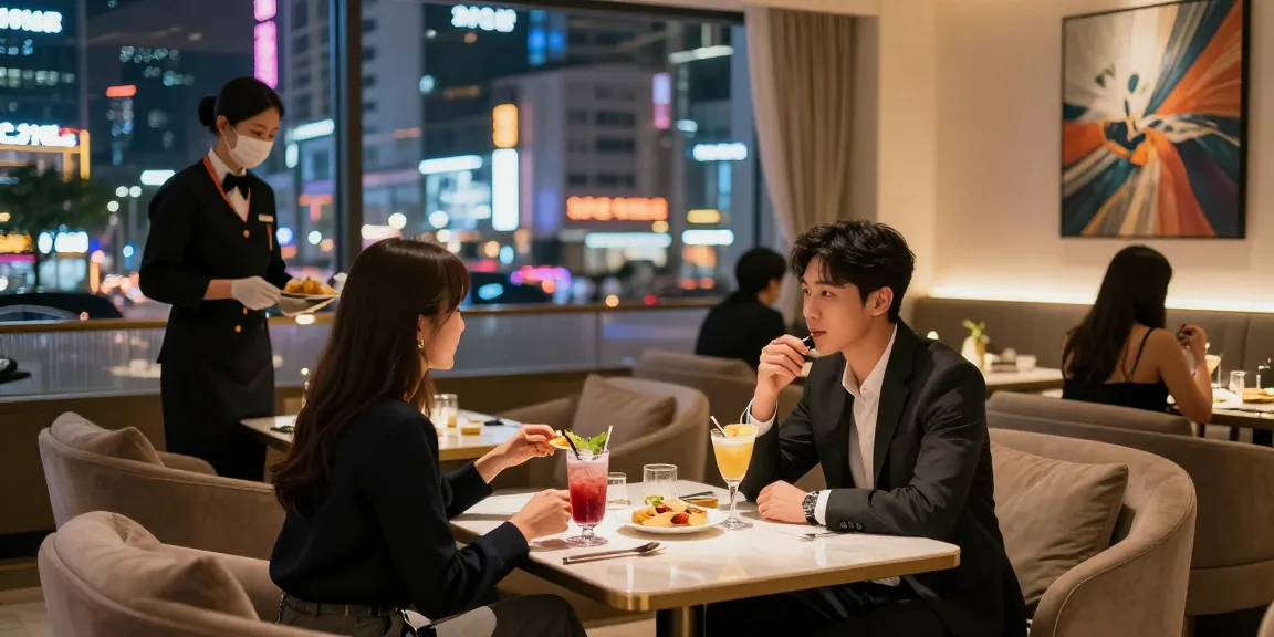 강남타이밍의 우아한 분위기에서 즐거운 저녁 시간을 보내는 커플