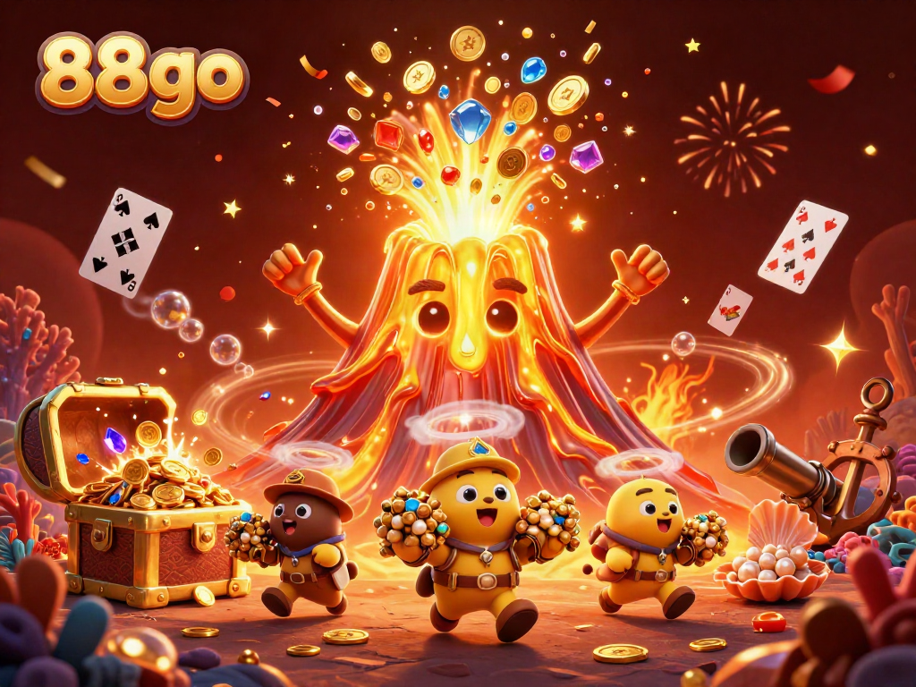 Experience the thrill of 88go with a vibrant casino scene featuring a golden volcano and treasure-filled moments.