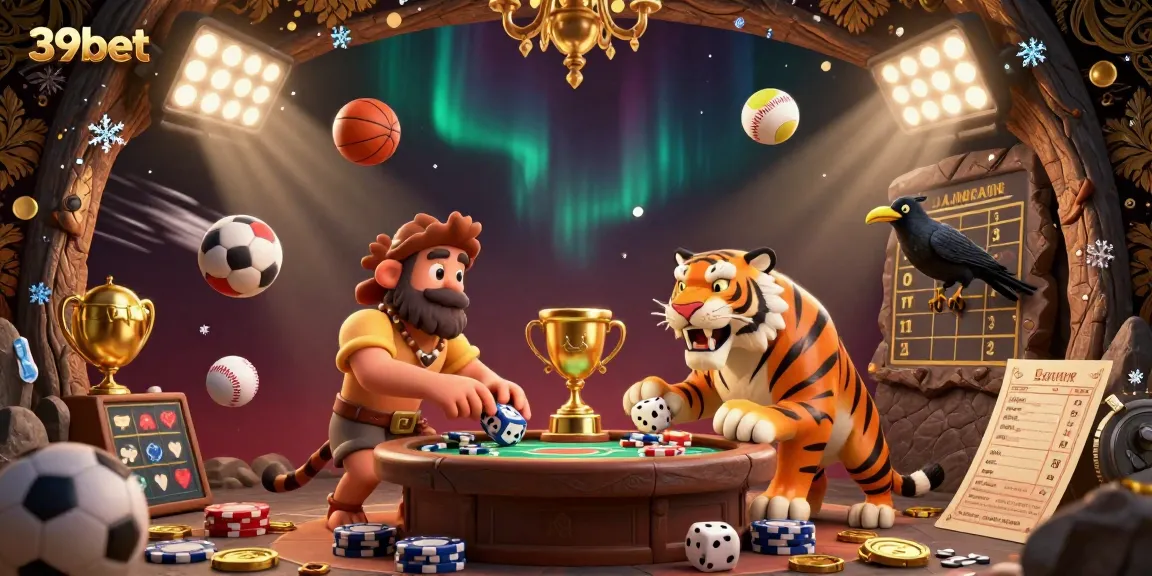 39bet showcases a lively prehistoric casino scene with a caveman, saber-toothed tiger, and sports elements dynamically interacting.