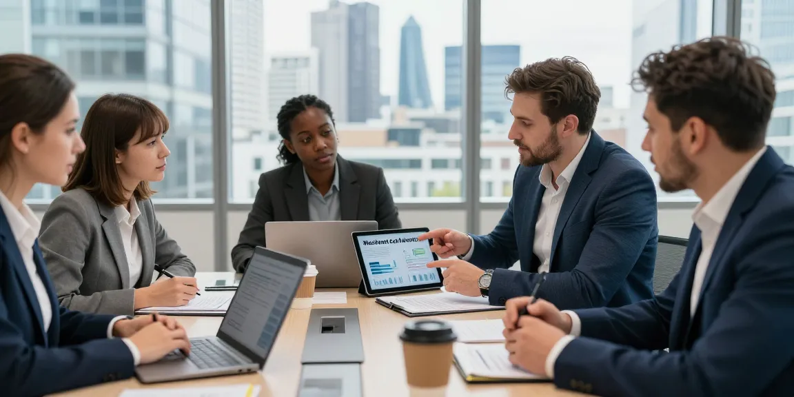 Consultants discussing merchant cash advance London options in a modern office setting.