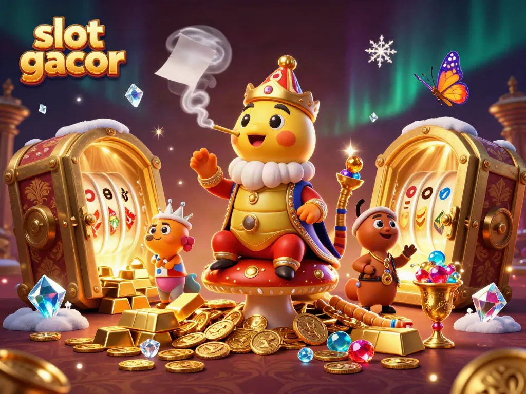 Experience thrilling slot gacor action with a vibrant 3D illustration filled with treasures and gaming elements.