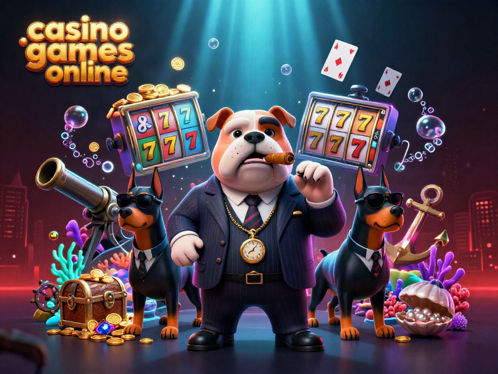 Engage with thrilling casino games online through this vibrant 3D illustration of a mafia boss and bodyguards.