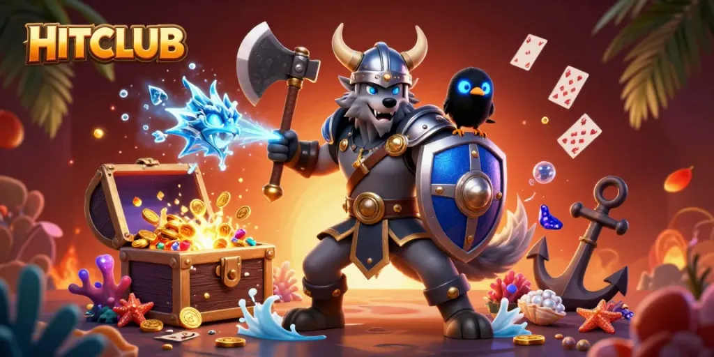Experience the thrill of HITCLUB with a Viking warrior, dragon, and treasures in a vibrant casino adventure.