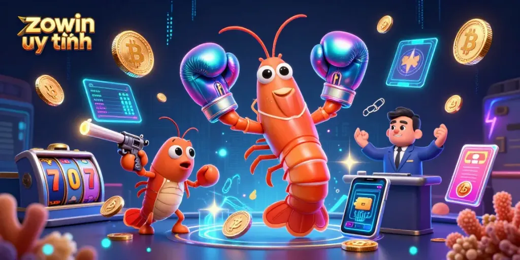 Engage with "zowin uy tín" through an exciting 3D casino scene featuring vibrant digital elements.