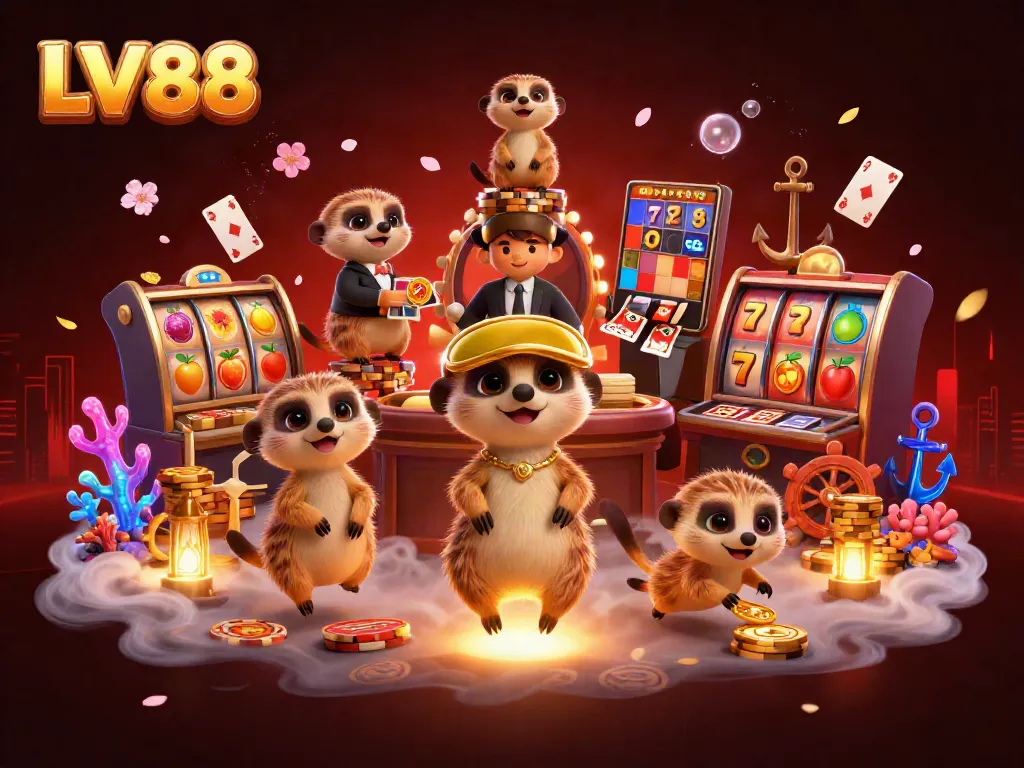 Join the thrilling LV88 casino adventure as meerkats run a vibrant slot game operation with dynamic elements.