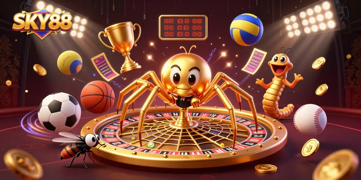 Experience exciting gameplay at SKY88 with a golden spider and centipede croupier in a dynamic illustration.