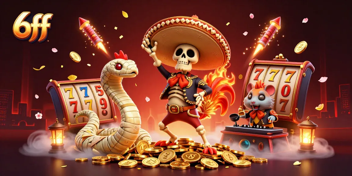 Engage with thrilling actions in 6ff as a mariachi rooster celebrates over slot machines and gold.