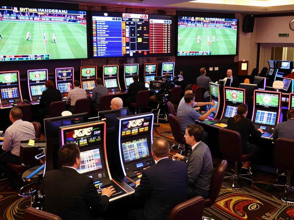 Watch bettors engaging in sports betting at KJC, vibrant casino atmosphere with live screens