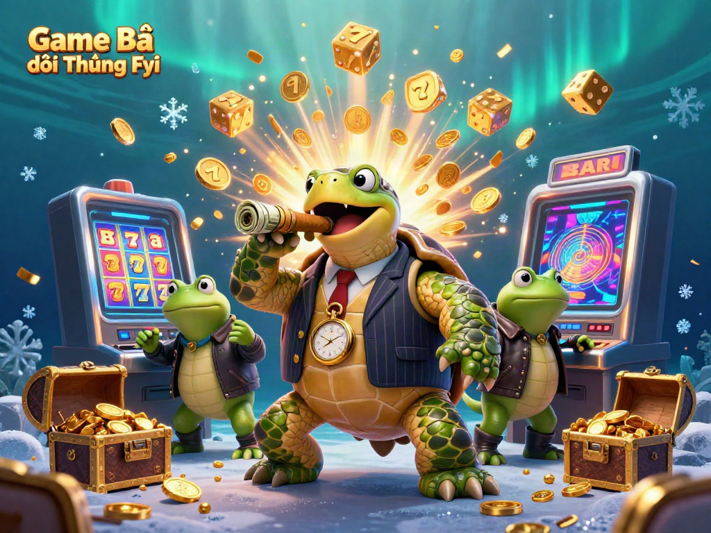Experience excitement with Game Bài Đổi Thưởng Fyi, featuring a mobster turtle and gold-filled slot machine.