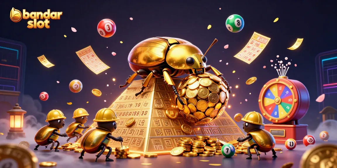 Experience the excitement of bandar slot with dynamic golden beetles celebrating big wins amidst colorful lottery elements.