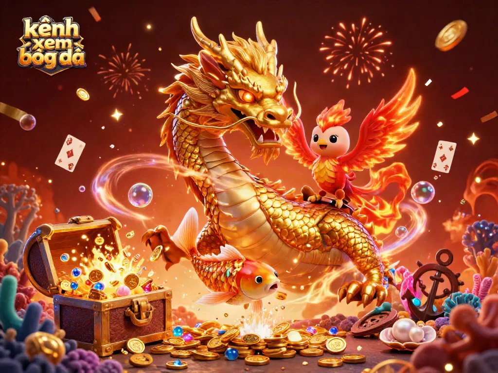 Engage with kênh xem bóng đá as a fierce dragon, phoenix, and koi fish explode in coins.