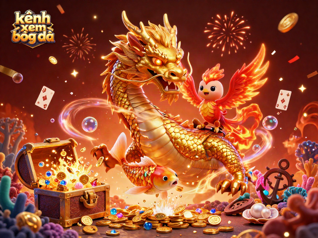 Engage with kênh xem bóng đá as a fierce dragon, phoenix, and koi fish explode in coins.
