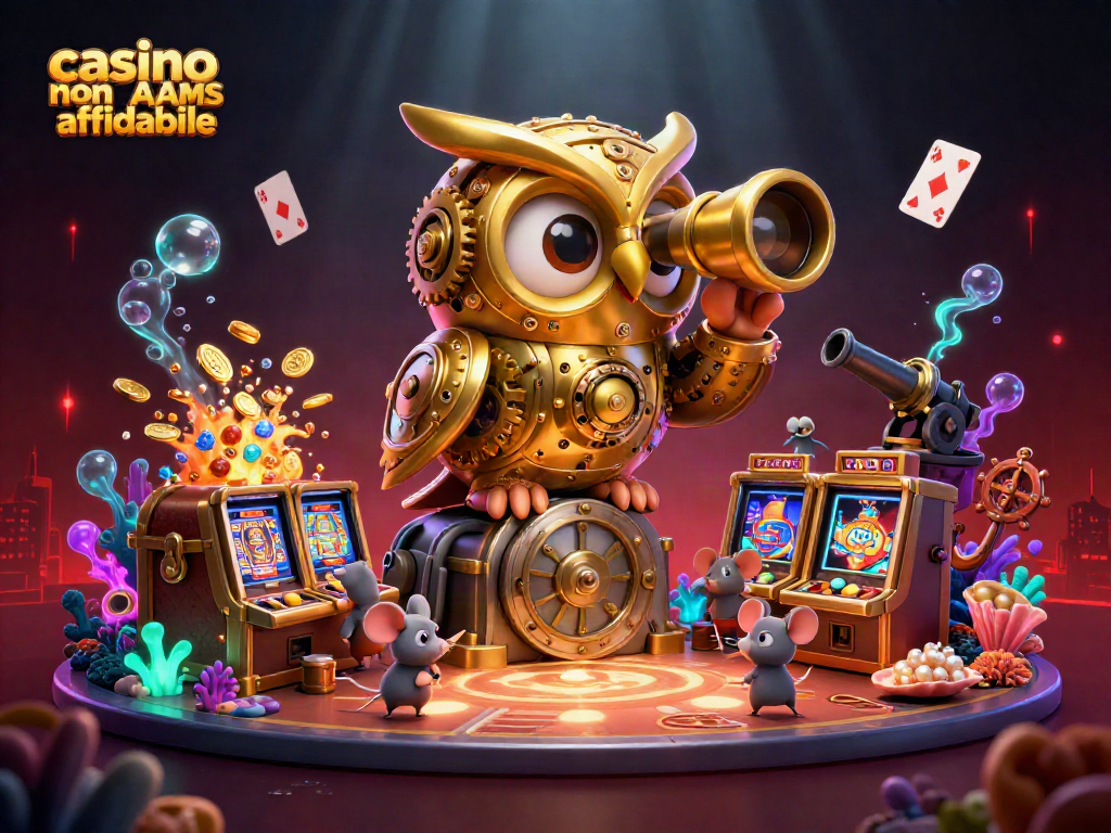 Casino non AAMS affidabile con una rappresentazione 3D di un gufo d'oro e topini tra slot machine.