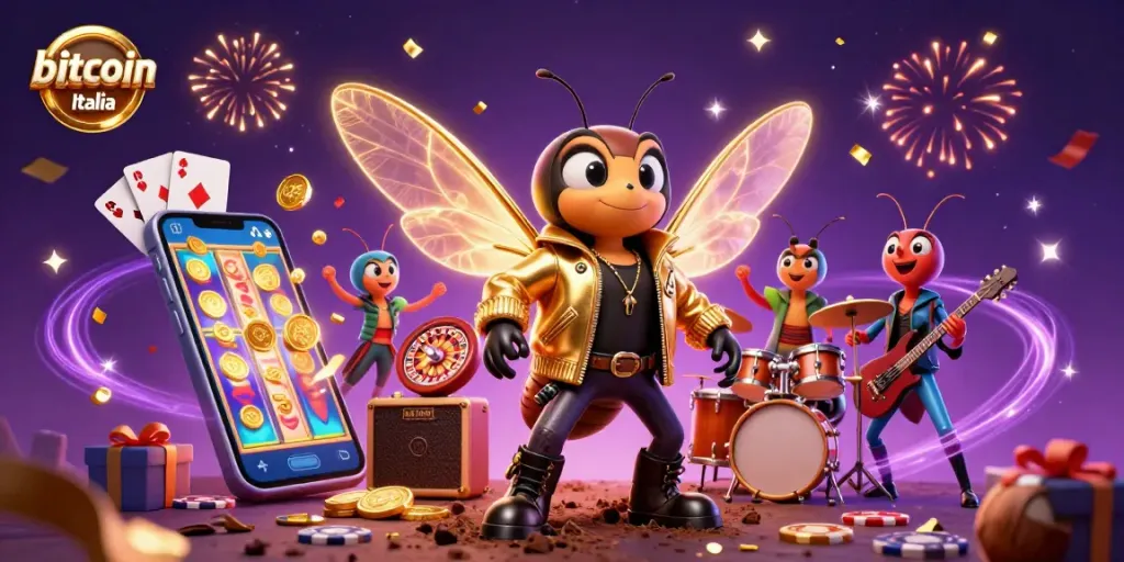 Scopri il bitcoin casino Italia con un'illustrazione vivace di una rock star della cicala insieme a giochi emozionanti.