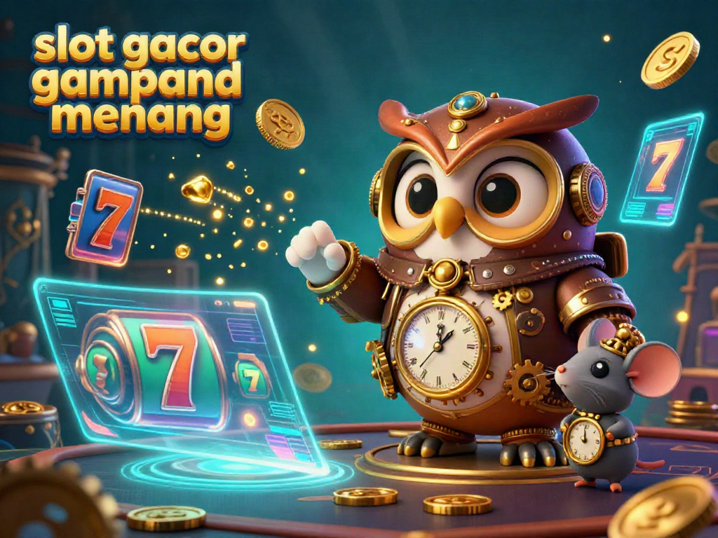 Play "slot gacor gampang menang" with excitement in a detailed 3D illustration of an owl and mouse amidst dynamic slot reels.