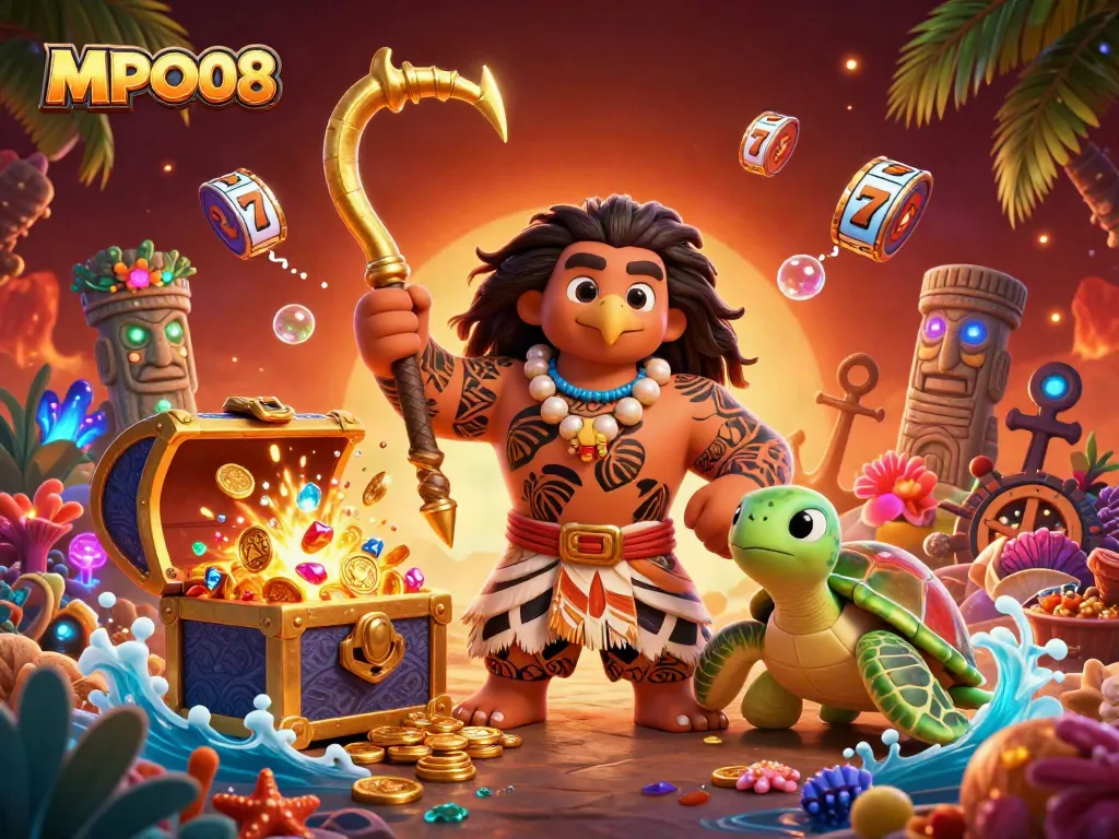 MPO08 captivates players with a vibrant 3D illustration featuring entertaining slot reels and characters amid underwater treasures.