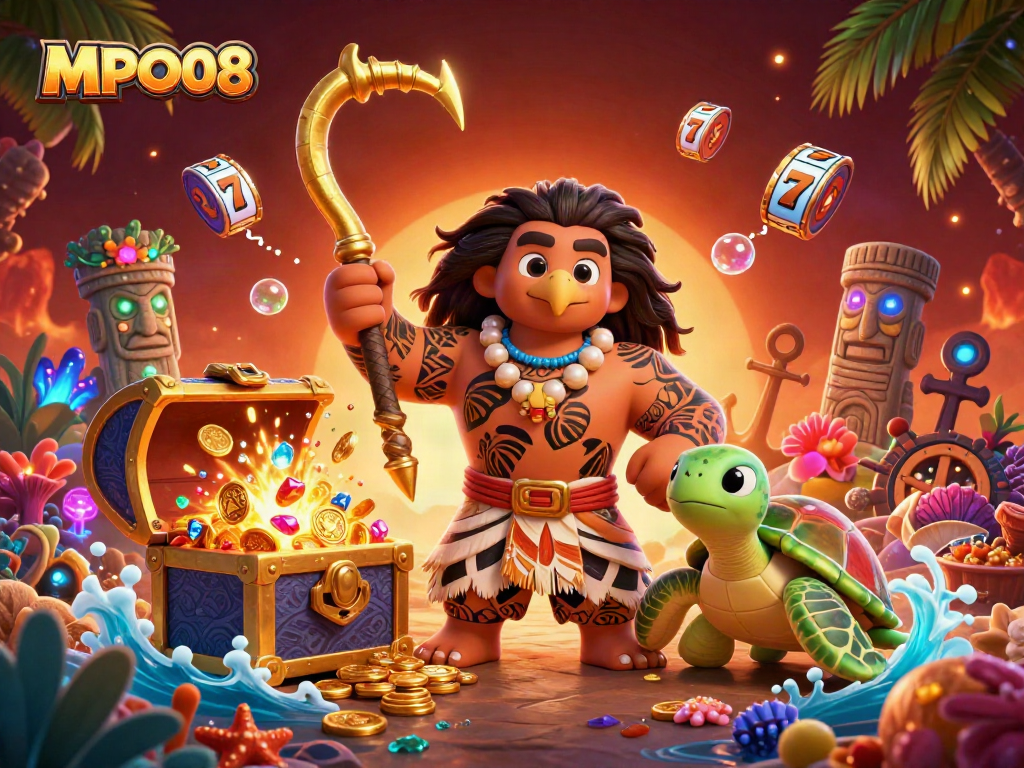 MPO08 captivates players with a vibrant 3D illustration featuring entertaining slot reels and characters amid underwater treasures.