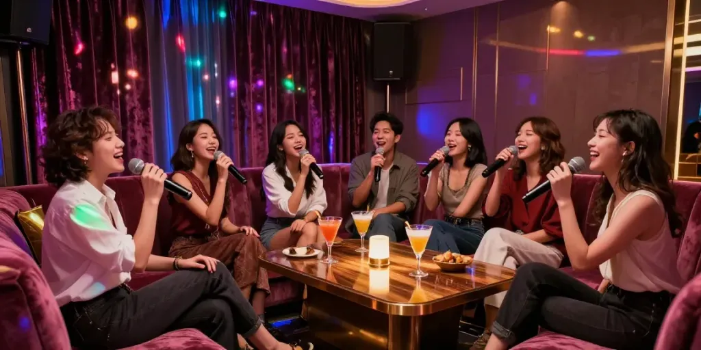강남 달토에서 즐거운 시간 보내는 친구들, 고급스러운 인테리어와 화려한 조명으로 가득 찬 노래방 모습