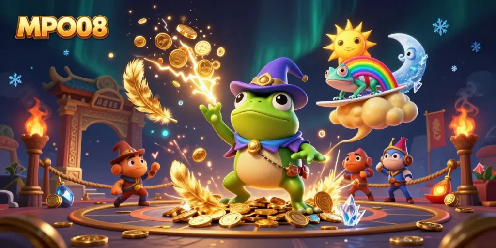 Experience the thrilling world of MPO08 with vibrant characters and dynamic casino elements.
