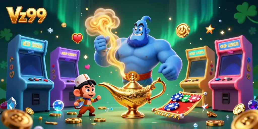 Experience thrilling gameplay with Vz99 as vibrant characters and casino elements come alive in a magical scene.
